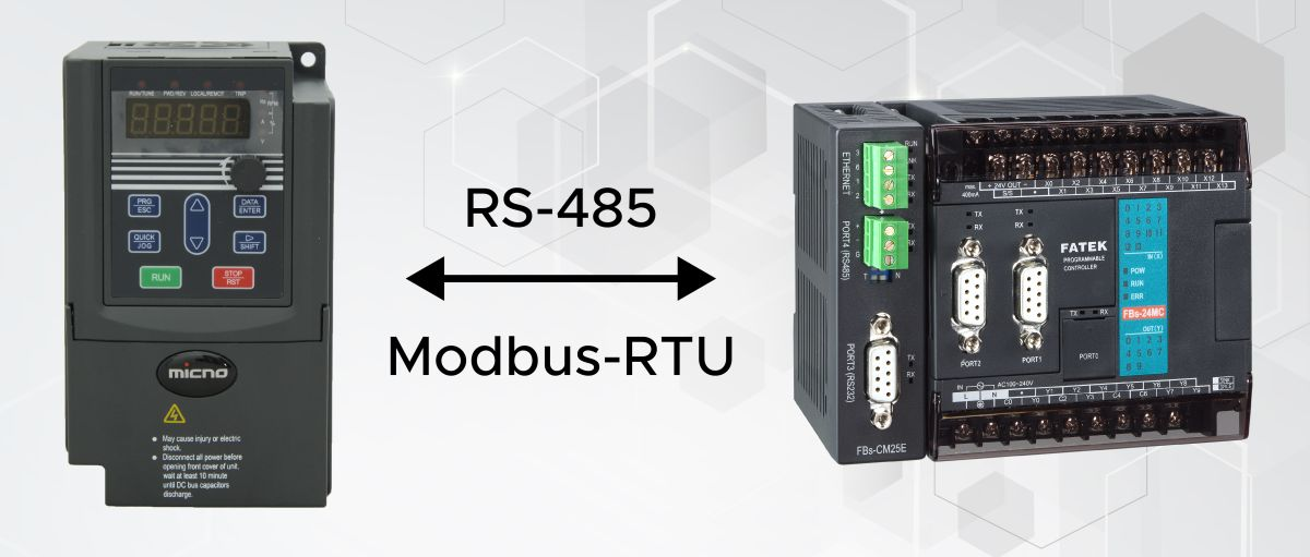 Komunikacja Modbus-RTU RS-485 między falownikiem Micno a sterownikiem Fatek Schematyczne zestawienie falownika Micno i sterownika PLC Fatek połączonych przez RS-485 Modbus-RTU.