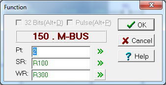 Okno konfiguracji funkcji 150 M-BUS w Fatek Zrzut okna funkcji 150 M-BUS z polami Pt, SR i WR