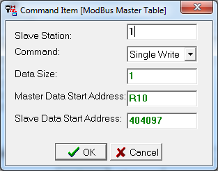 Zrzut okna konfiguracji wpisu ModBus Master Table z ustawieniem Single Write.