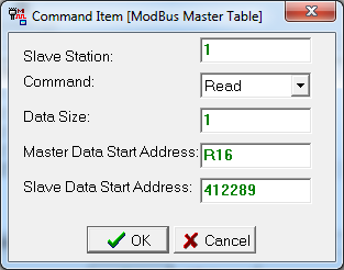 Okno Command Item dla odczytu Modbus do rejestru R16 Zrzut okna konfiguracji polecenia Modbus z ustawionym odczytem do rejestru R16.