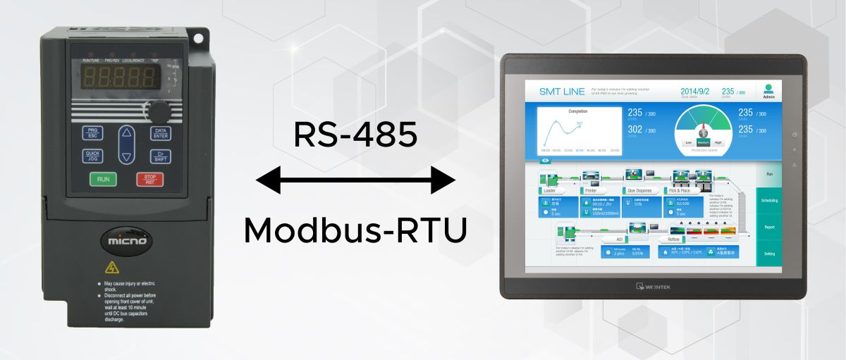 Połączenie Micno–Weintek przez RS-485 / Modbus-RTU Falownik Micno i panel Weintek połączone przez RS-485 w protokole Modbus-RTU.